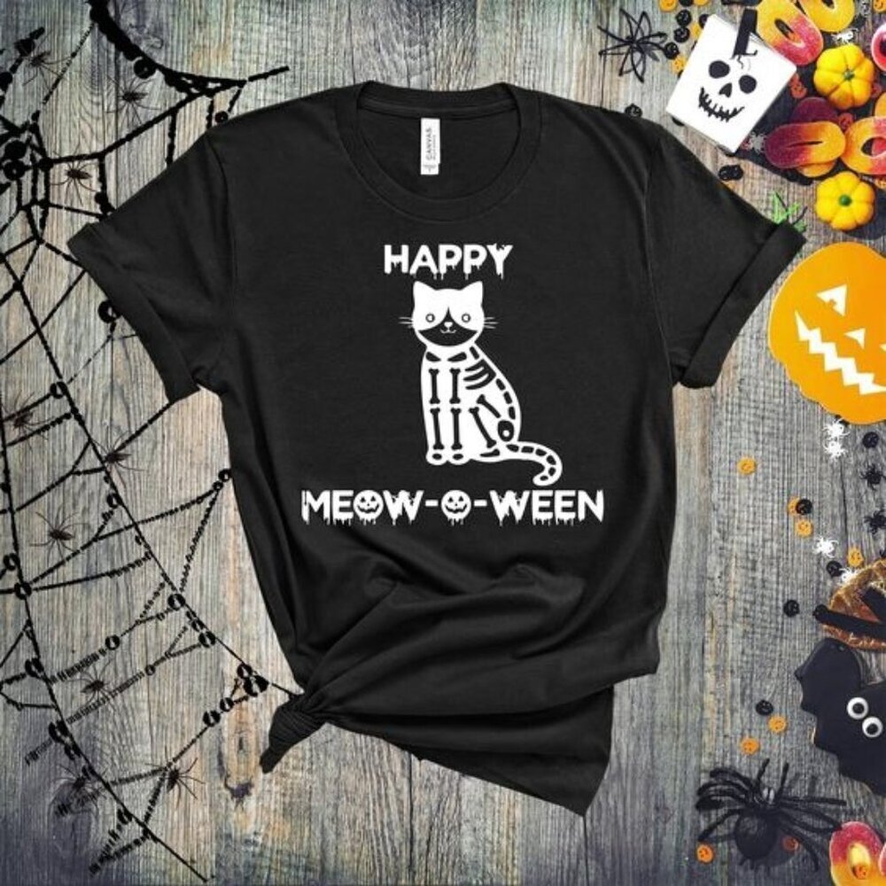 Funny Halloween Cat Tshirt Cat Skeleton Shirt Happy Meowoween Shirt